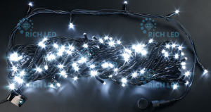 Светодиодная гирлянда Rich LED Нить 20 м, 220В, подключается контроллер на 8 режимов, соединяемая, черный провод, БЕЛЫЙ, RL-T20C2-B/W